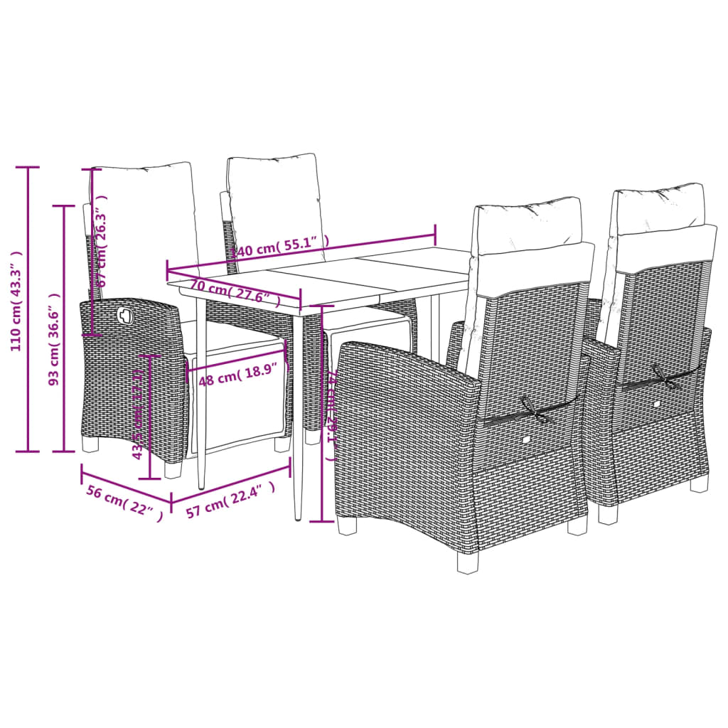 5-tlg. Garten-Essgruppe mit Kissen Braun Poly Rattan
