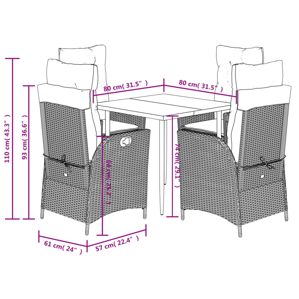 5-tlg. Garten-Essgruppe mit Kissen Schwarz Poly Rattan