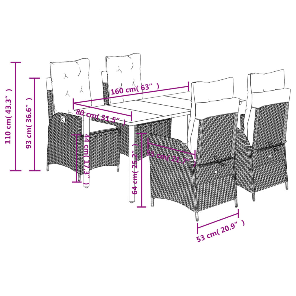 5-tlg. Garten-Essgruppe mit Kissen Schwarz Poly Rattan