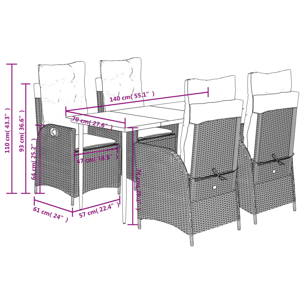 5-tlg. Garten-Essgruppe mit Kissen Grau Poly Rattan