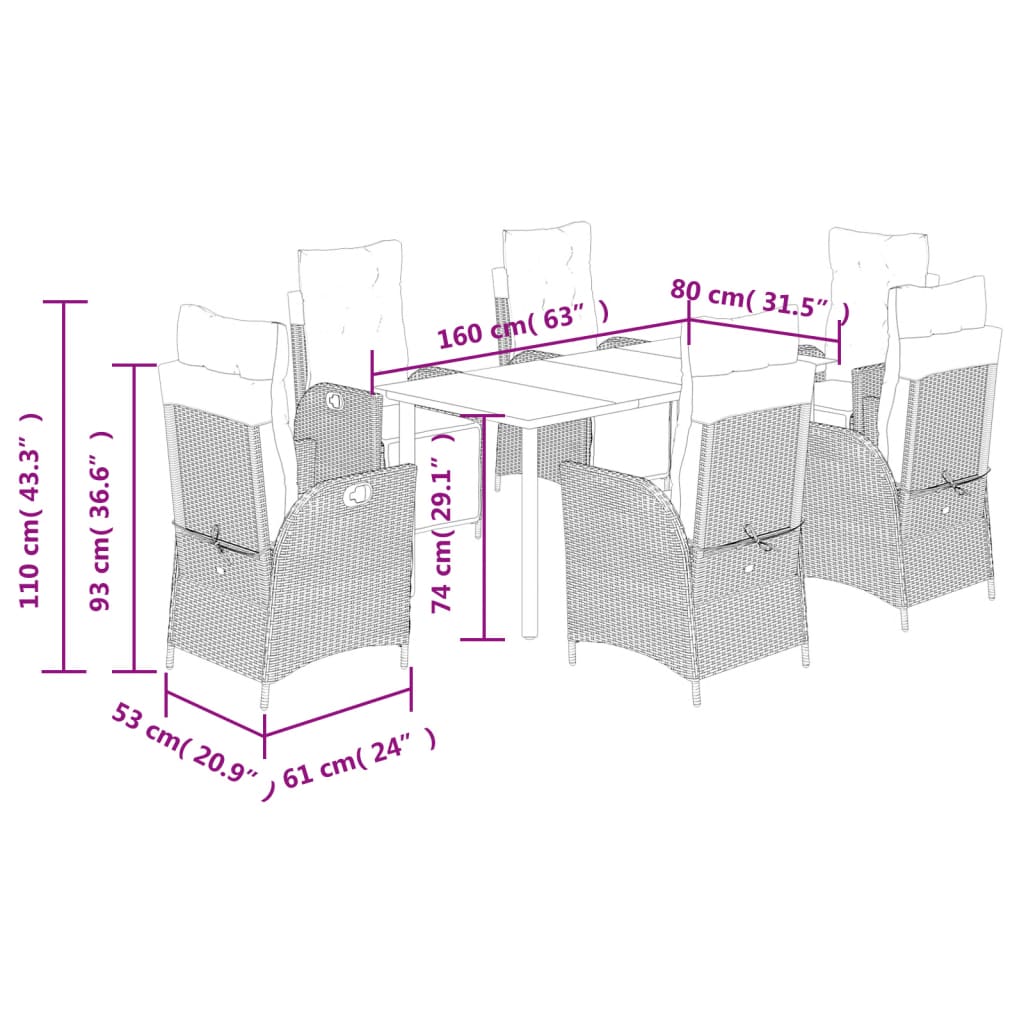 7-tlg. Garten-Essgruppe mit Kissen Schwarz Poly Rattan