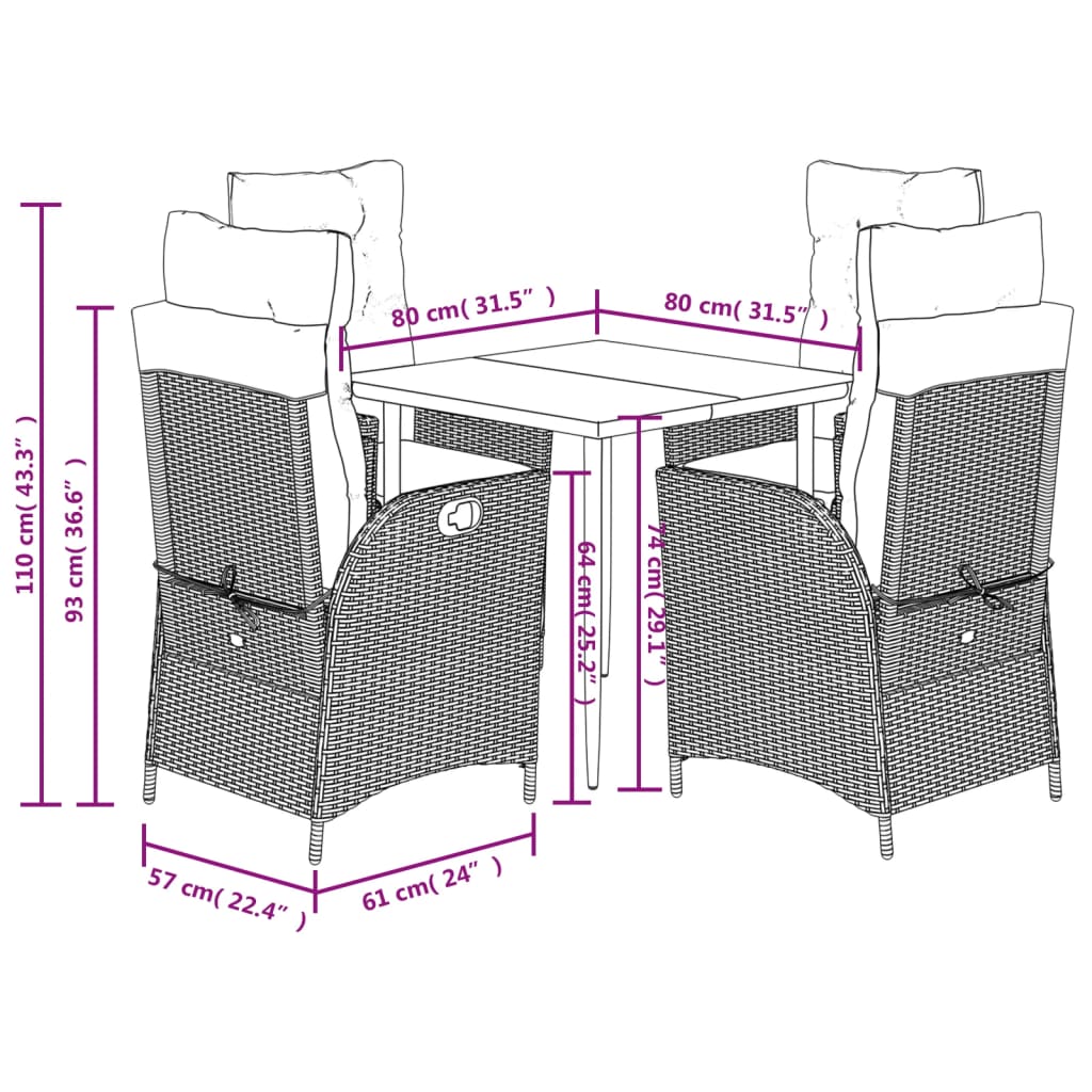 5-tlg. Garten-Essgruppe mit Kissen Braun Poly Rattan