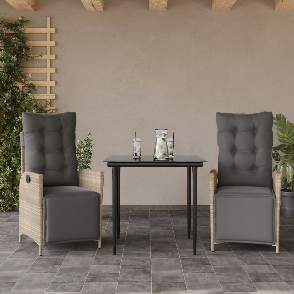 3-tlg. Garten-Essgruppe mit Kissen Hellgrau Poly Rattan