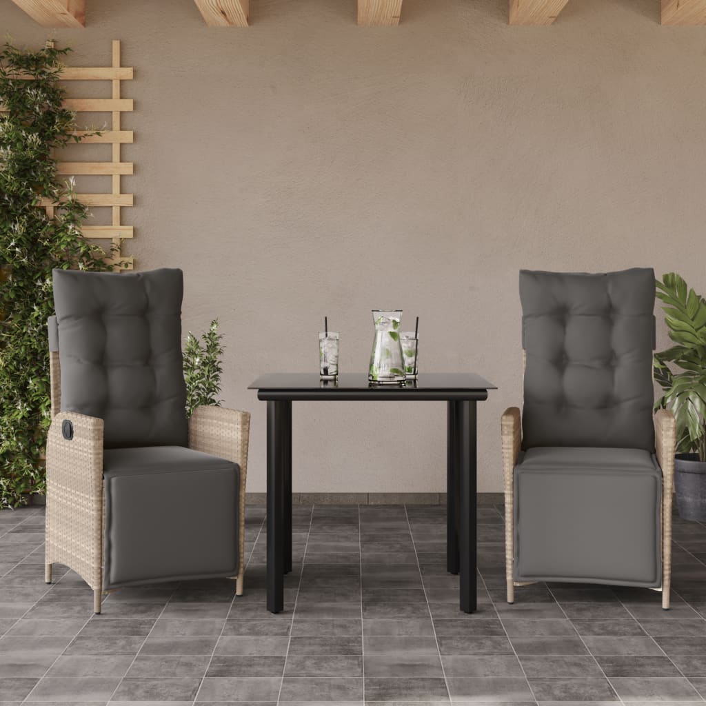 3-tlg. Garten-Essgruppe mit Kissen Hellgrau Poly Rattan