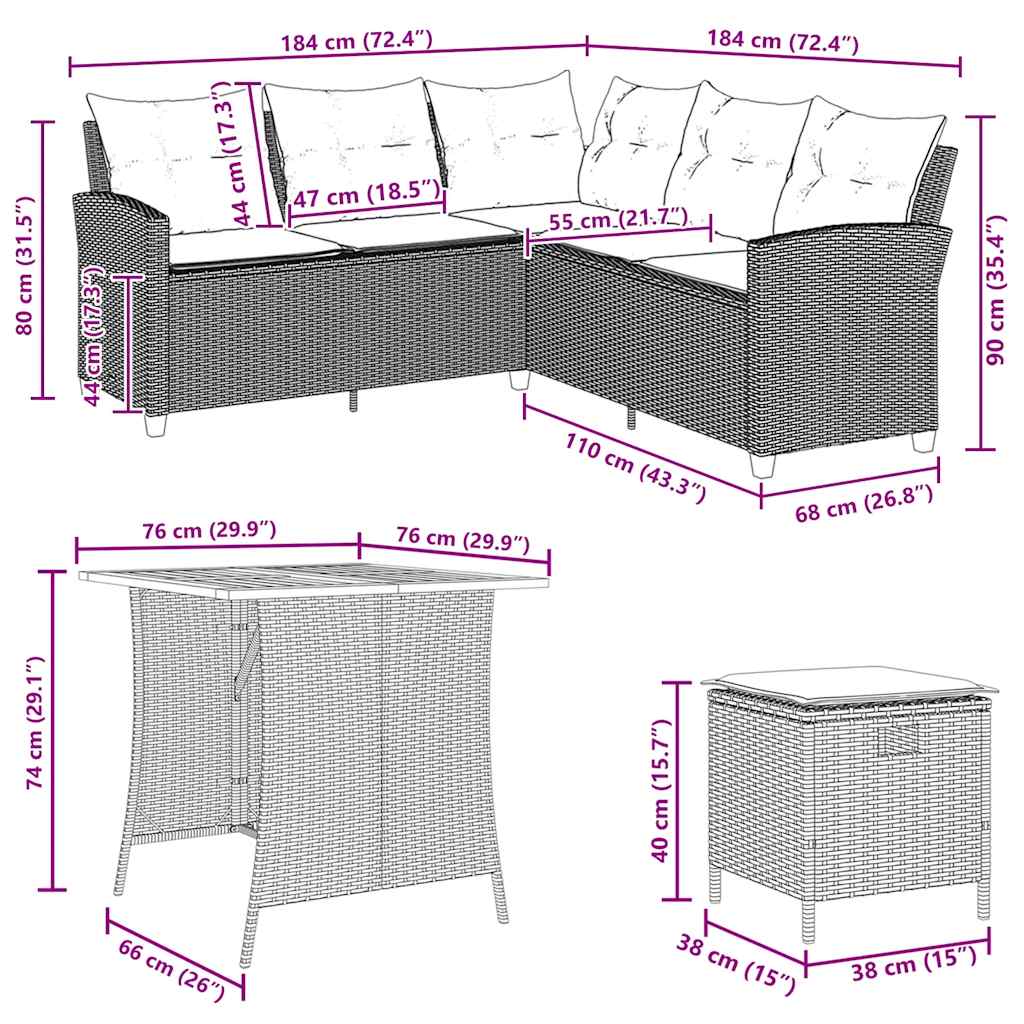 6-tlg. Garten-Sofagarnitur mit Kissen L-Form Beige Poly Rattan