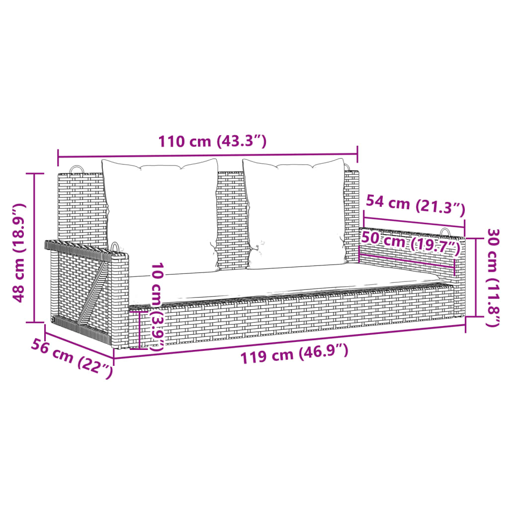 Schaukelbank mit Kissen Schwarz 119 x 56 x 48 cm Poly Rattan