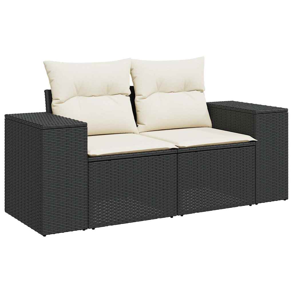 Gartensofa mit Kissen 2-Sitzer Schwarz Poly Rattan
