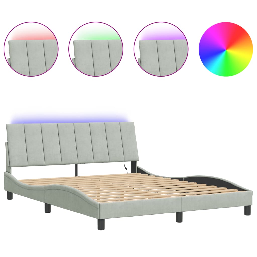 Bettgestell mit LED ohne Matratze "Hanko" Hellgrau 160x200 cm Samt