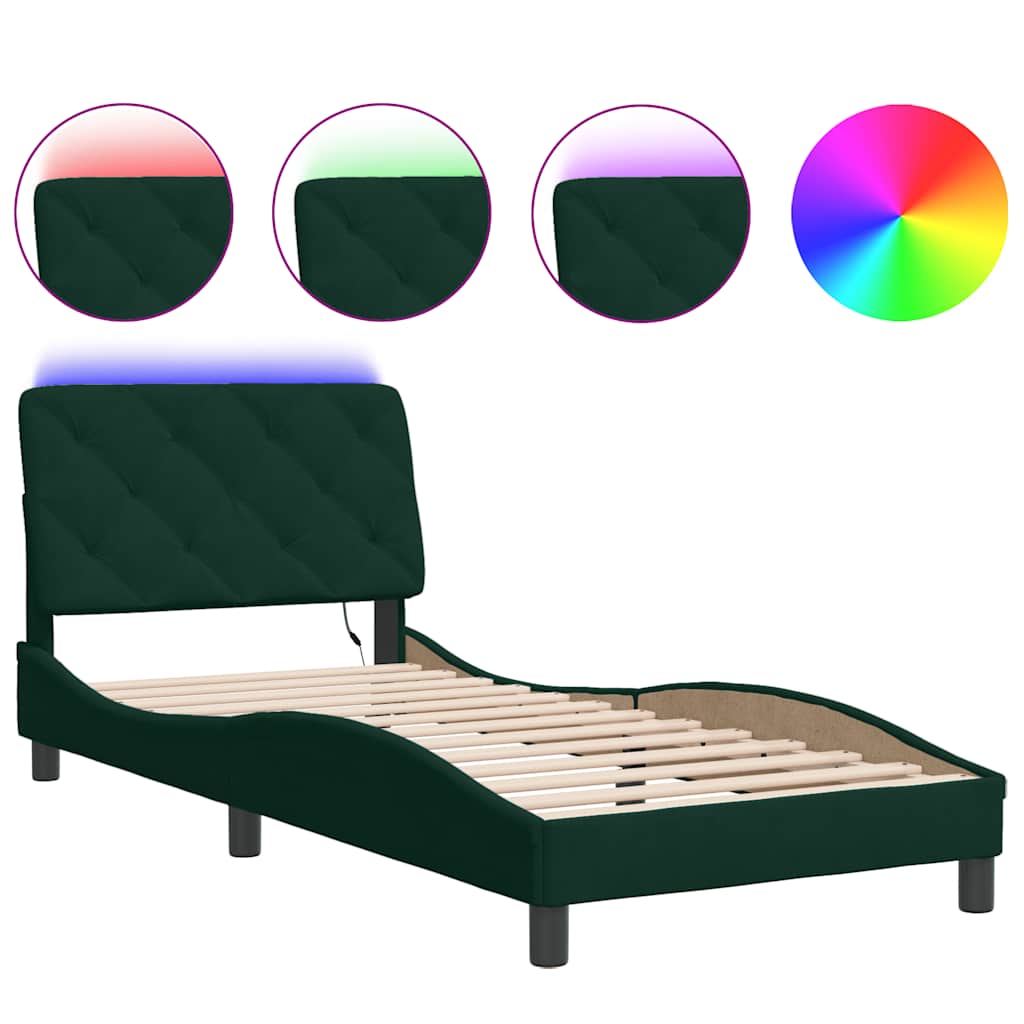 Bettgestell mit LED ohne Matratze Dunkelgrün 90x190 cm Samt