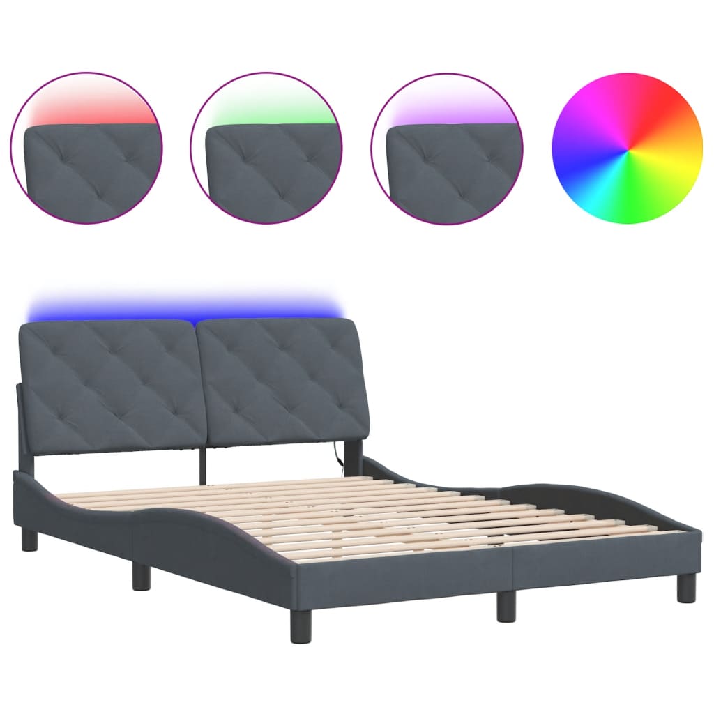 Bettgestell mit LED ohne Matratze Dunkelgrau 140x190 cm Samt