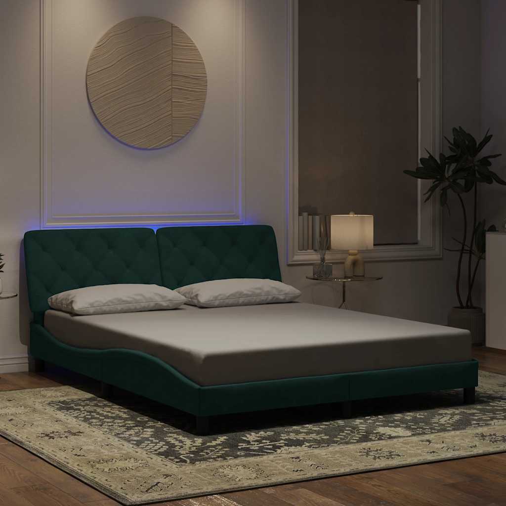 Bettgestell mit LED ohne Matratze Dunkelgrün 160x200 cm Samt