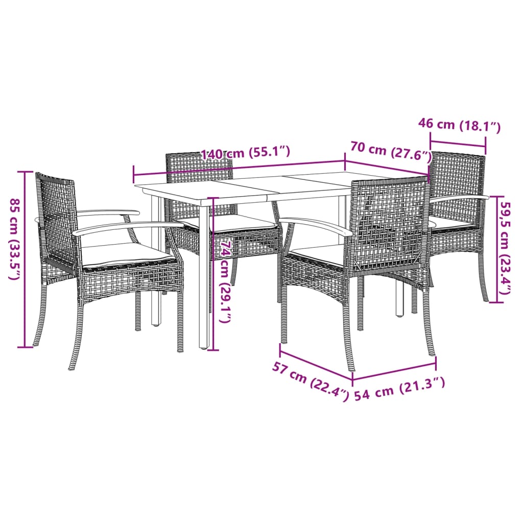 5-tlg. Garten-Essgruppe mit Kissen Schwarz Poly Rattan