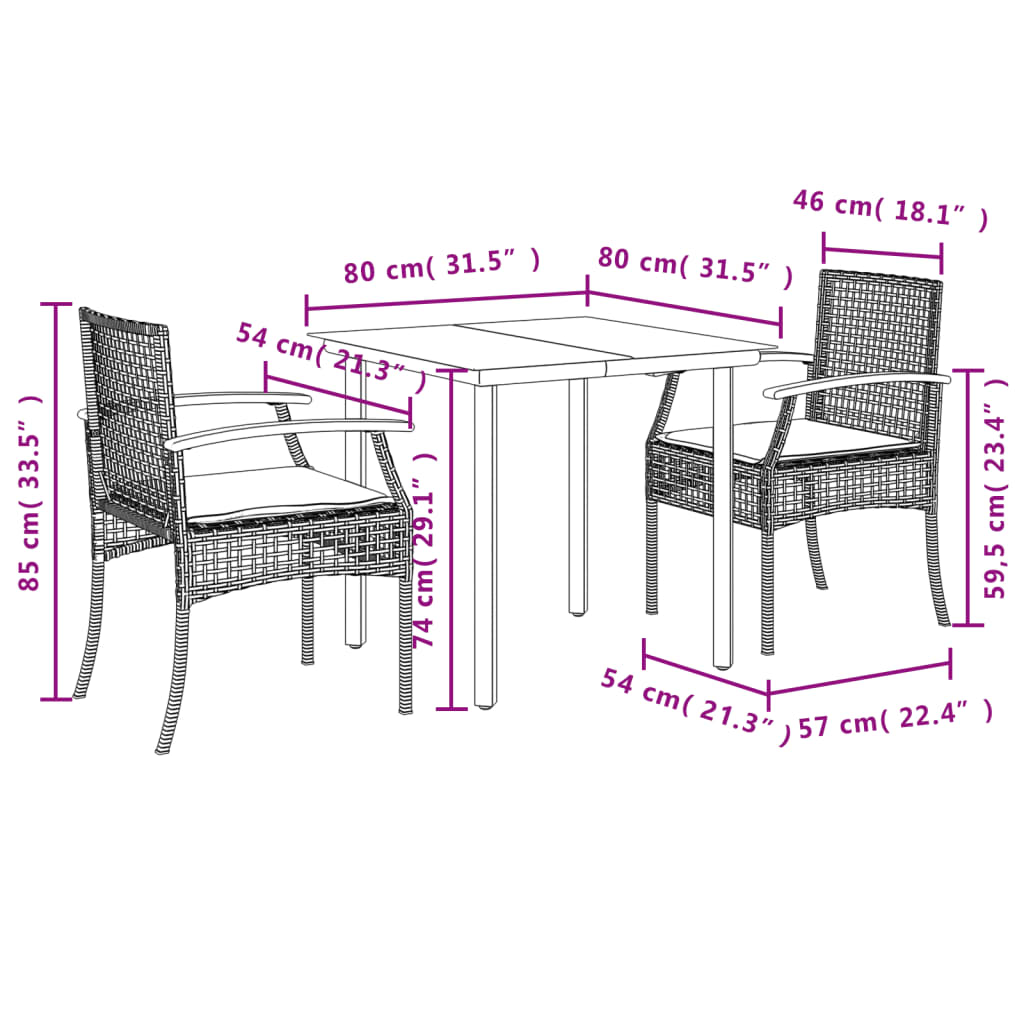 3-tlg. Garten-Essgruppe mit Kissen Beige Poly Rattan