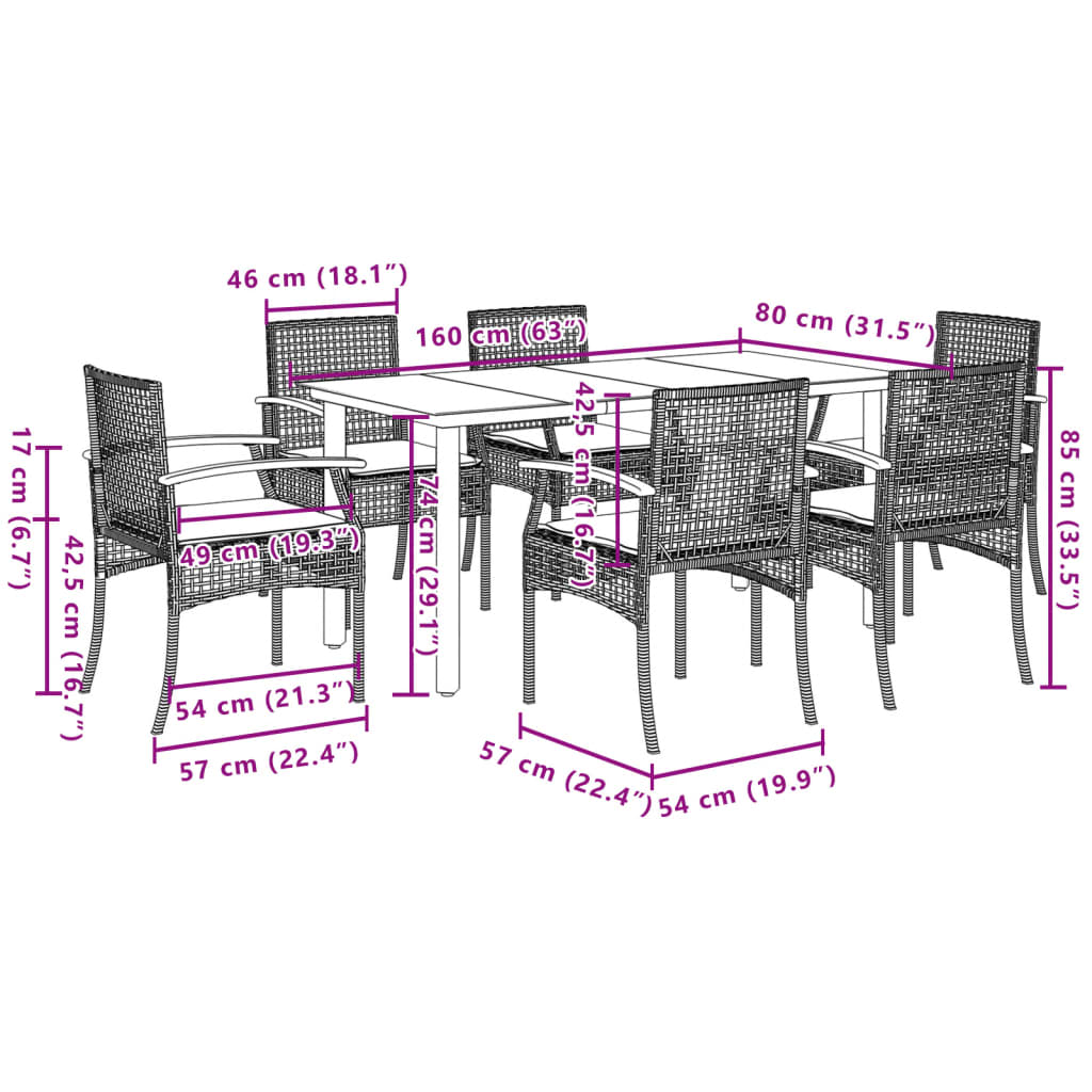 7-tlg. Garten-Essgruppe mit Kissen Beige Poly Rattan