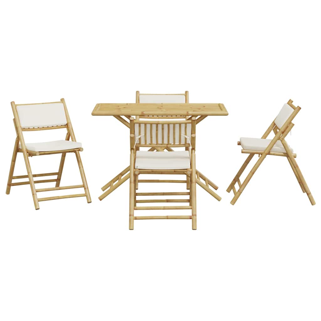 5-tlg. Bistro-Set Klappbar mit Cremeweißen Kissen Bambus