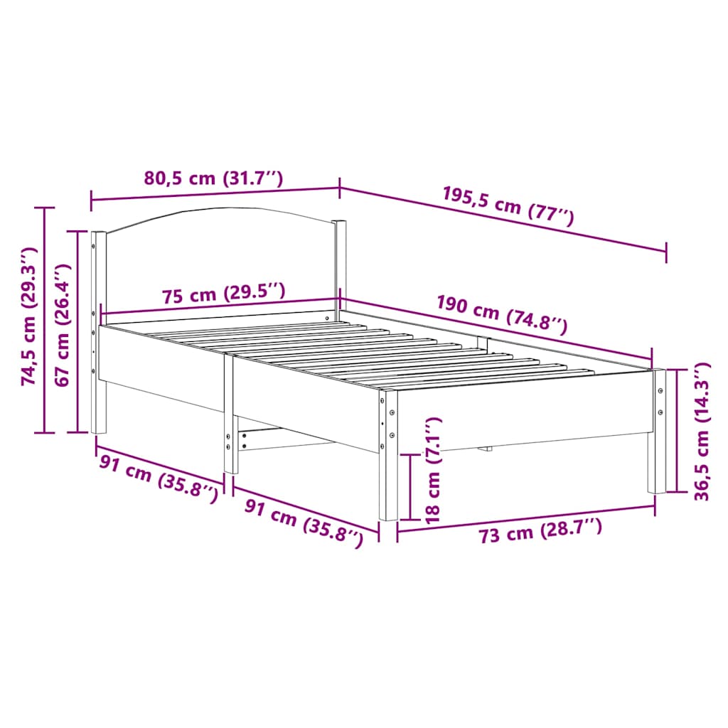 Massivholzbett ohne Matratze 75x190 cm Kiefernholz