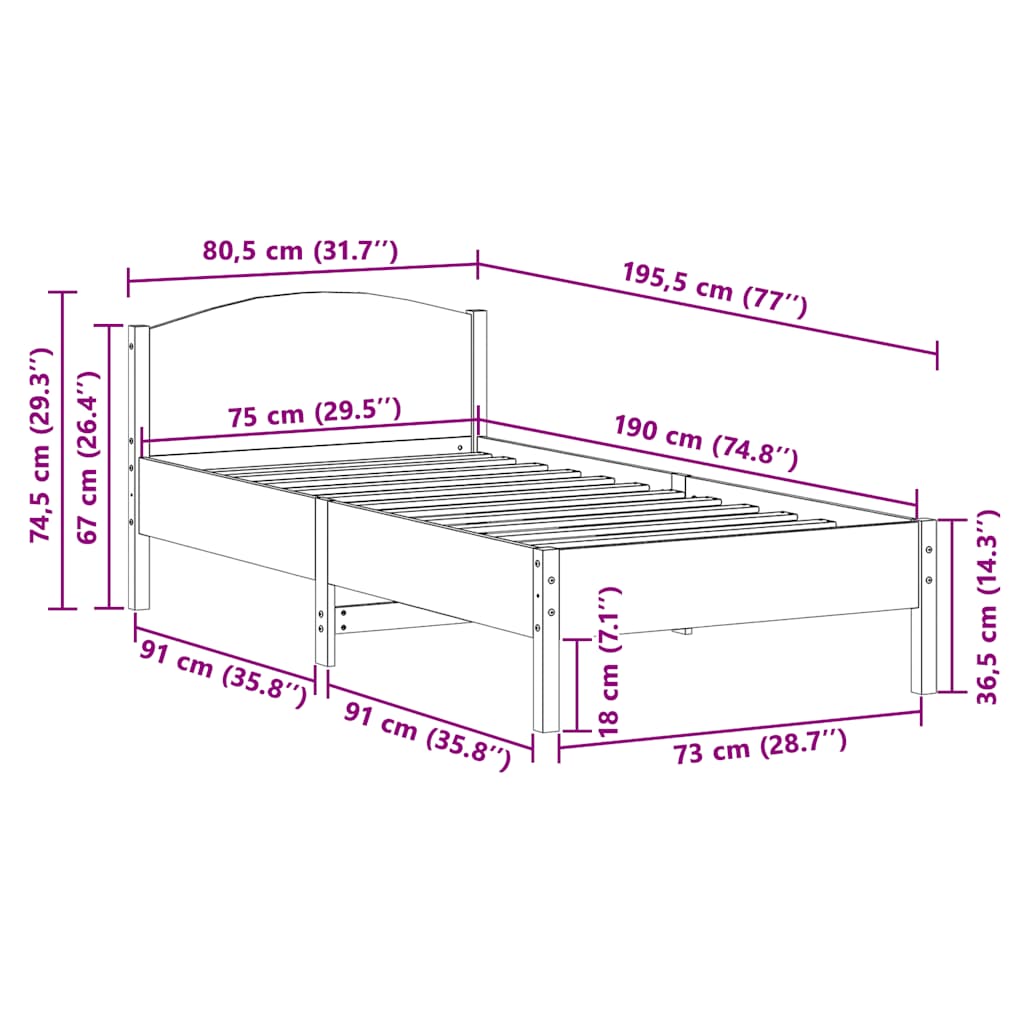 Massivholzbett ohne Matratze Wachsbraun 75x190 cm Kiefernholz