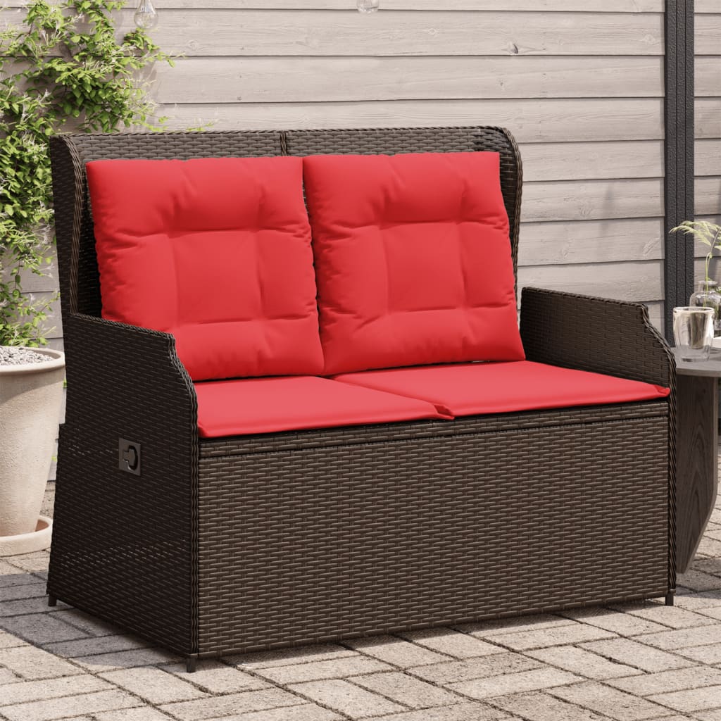Gartenbank mit Liegefunktion und Kissen Braun Polyrattan