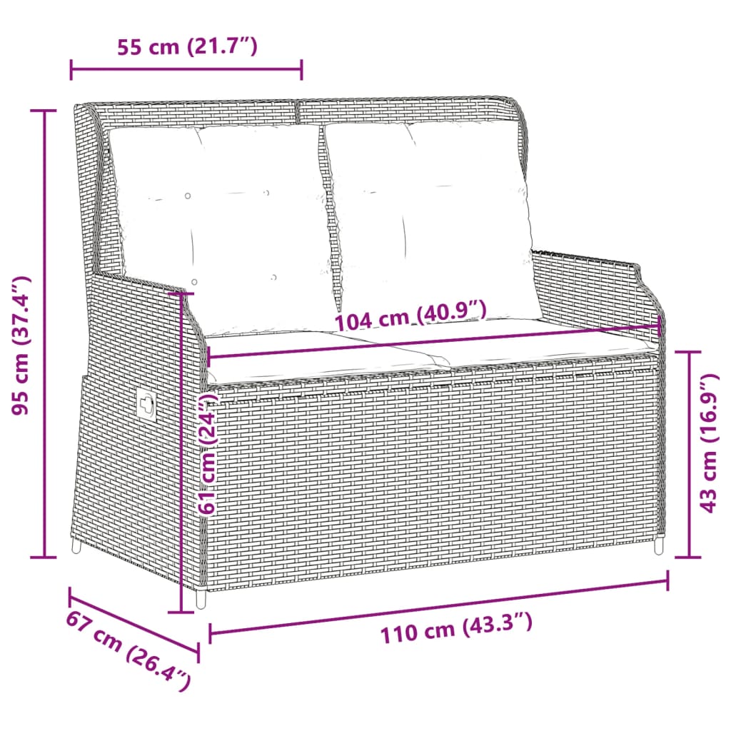 Gartenbank mit Liegefunktion und Kissen Grau Polyrattan