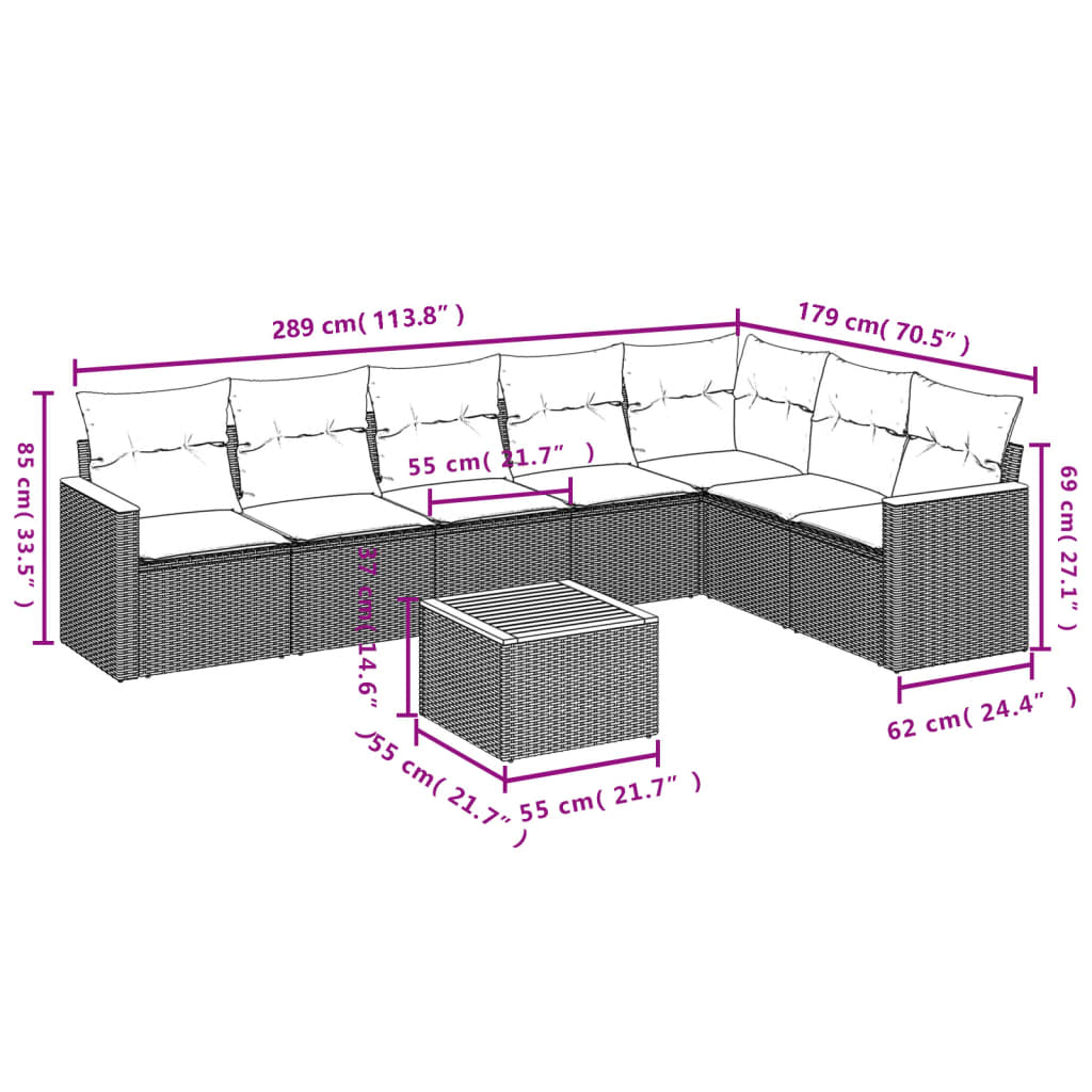 8-teiliges Gartensofa-Set mit Kissen, grau, Polyrattan
