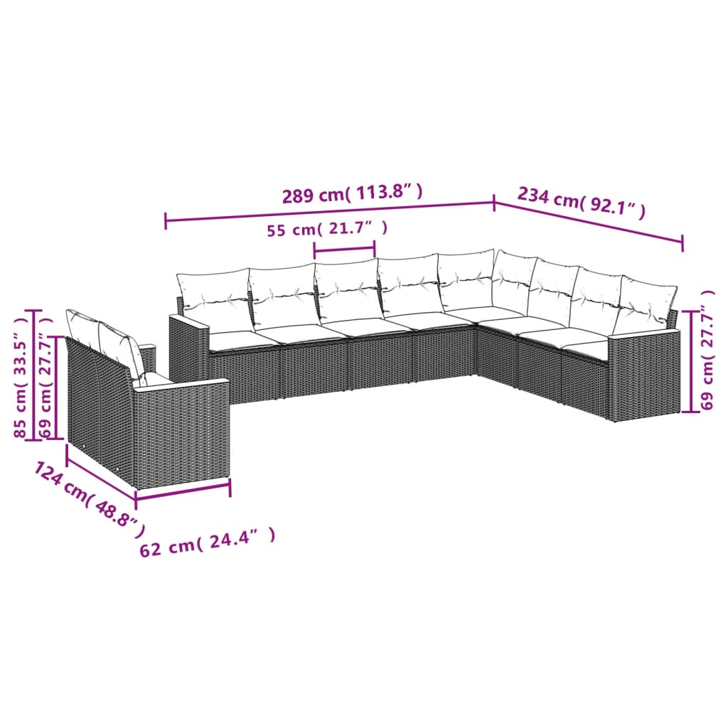 10-teiliges Gartensofa-Set mit Kissen, grau, Polyrattan
