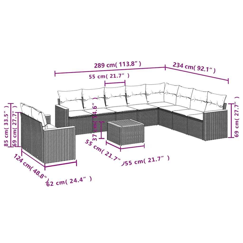 11-tlg. Garten-Sofagarnitur mit Kissen Schwarz Poly Rattan