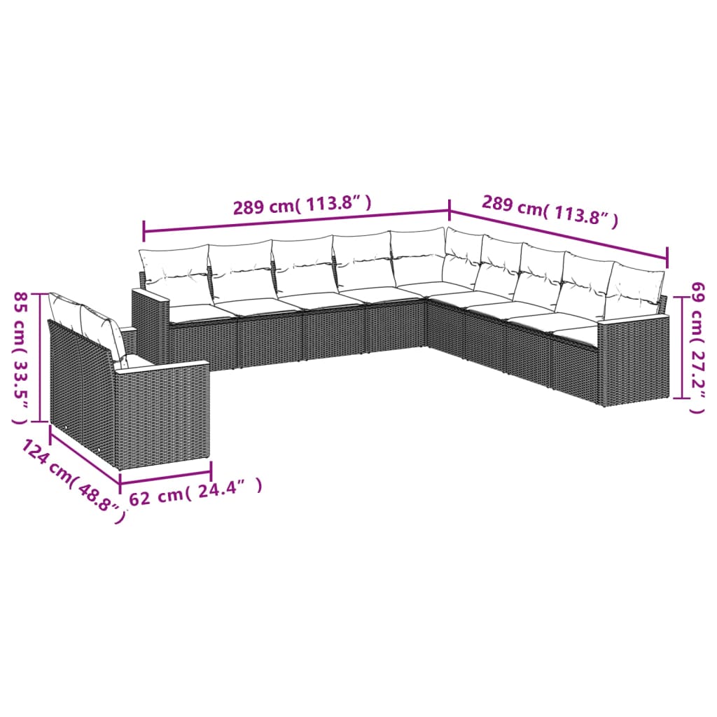11-teiliges Gartensofa-Set mit Kissen, schwarzes Polyrattan