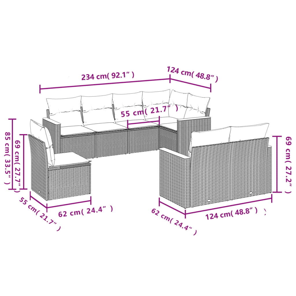 8-teiliges Gartensofa-Set mit Kissen, schwarzes Polyrattan