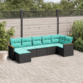 7-teiliges Gartensofa-Set mit Kissen, schwarzes Polyrattan