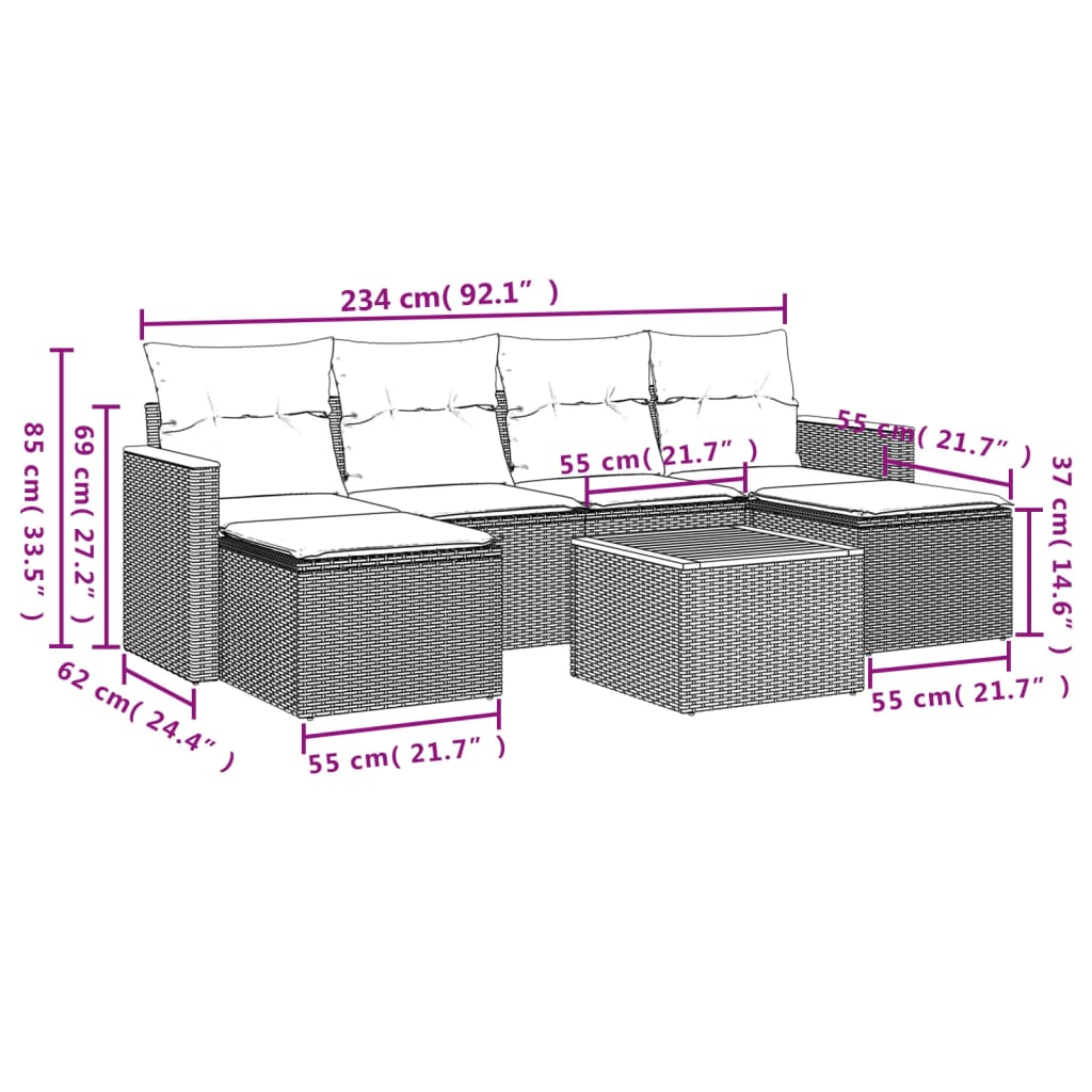 7-teiliges Gartensofa-Set mit Kissen, grau, Polyrattan