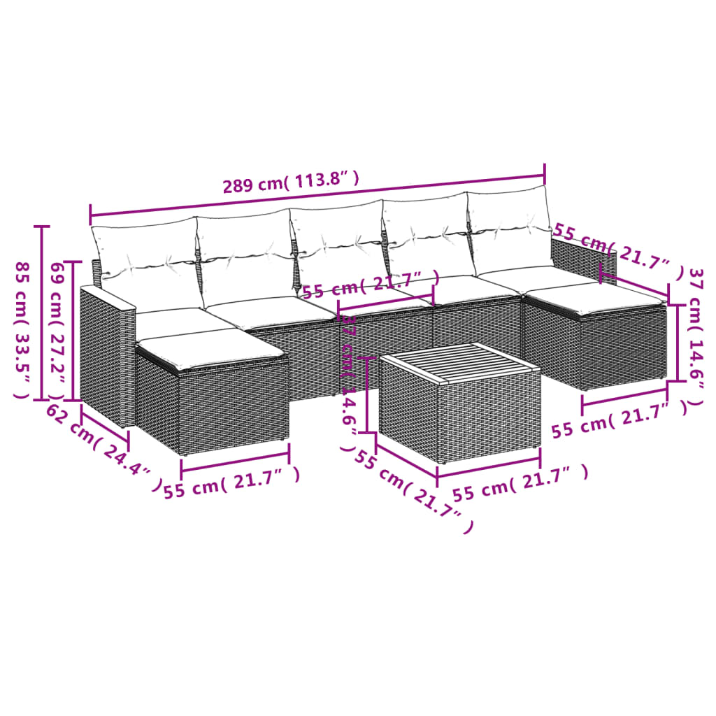 8-teiliges Gartensofa-Set mit Kissen, schwarzes Polyrattan