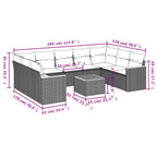 10-teiliges Gartensofa-Set mit Kissen, schwarzes Polyrattan