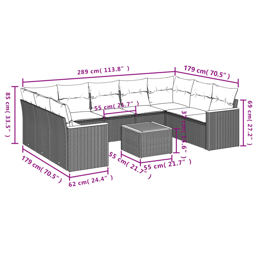 10-teiliges Gartensofa-Set mit Kissen, schwarzes Polyrattan
