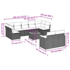 10-teiliges Gartensofa-Set mit Kissen, schwarzes Polyrattan