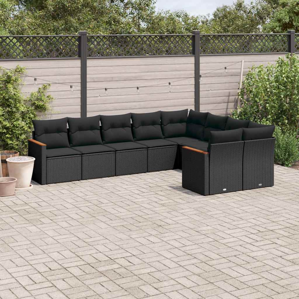 9-tlg. Garten-Sofagarnitur mit Kissen Schwarz Poly Rattan