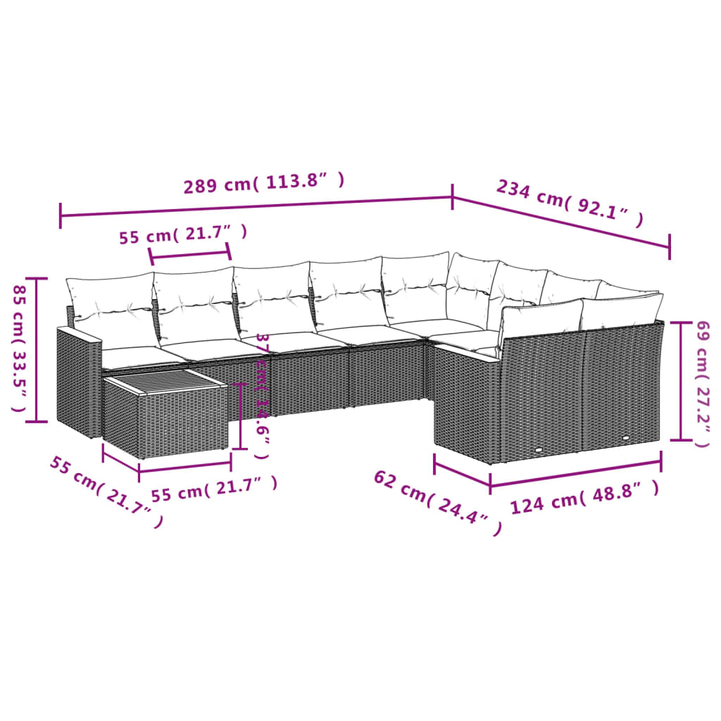 10-teiliges Gartensofa-Set mit Kissen, schwarzes Polyrattan