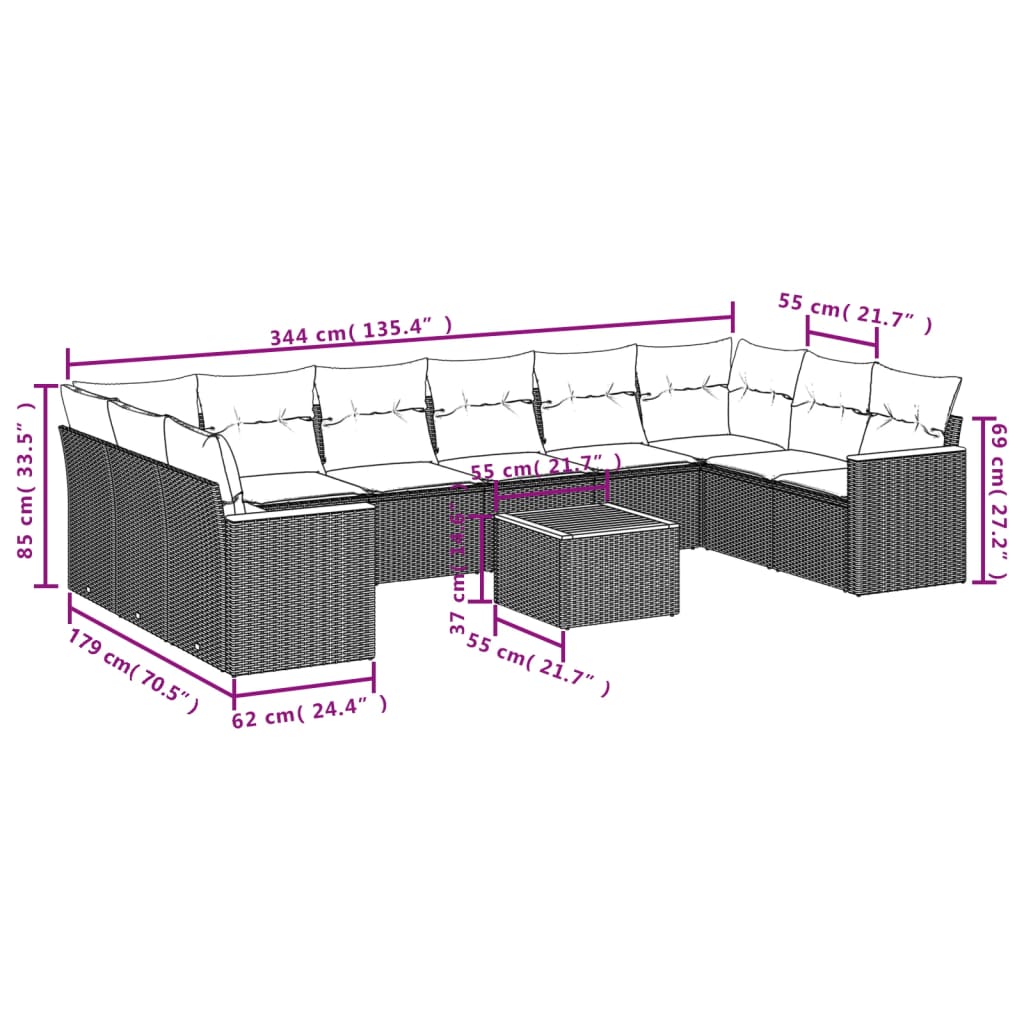 11-teiliges Gartensofa-Set mit Kissen, grau, Polyrattan
