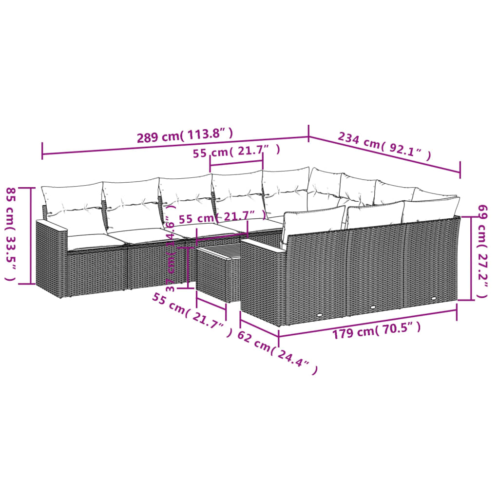 11-teiliges Gartensofa-Set mit Kissen, grau, Polyrattan