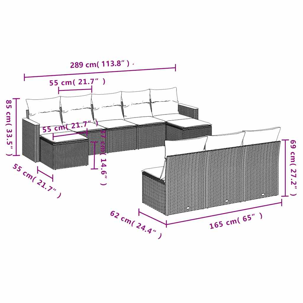 10-tlg. Garten-Sofagarnitur mit Kissen Schwarz Poly Rattan