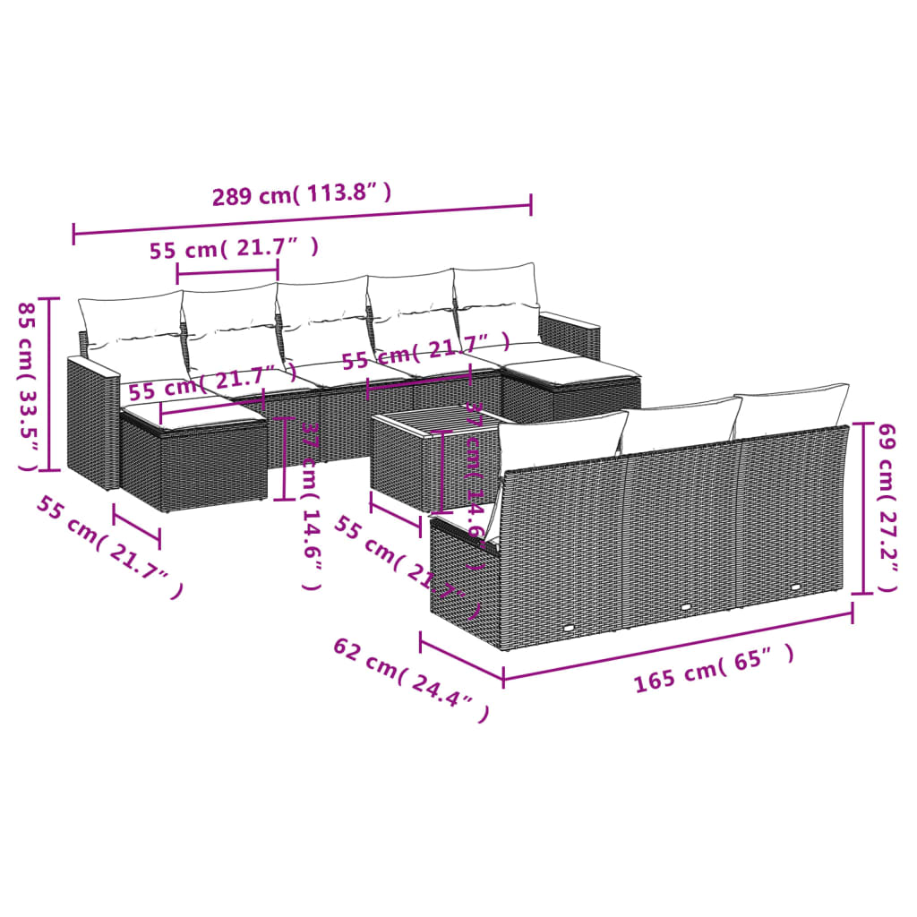 11-teiliges Gartensofa-Set mit Kissen, grau, Polyrattan
