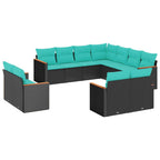 11-teiliges Gartensofa-Set mit Kissen, schwarzes Polyrattan