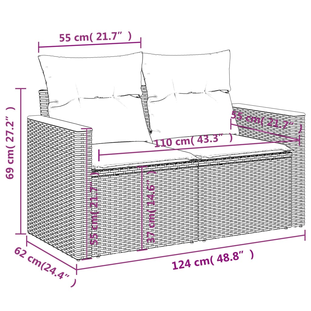 9-teiliges Gartensofa-Set mit Kissen, grau, Polyrattan