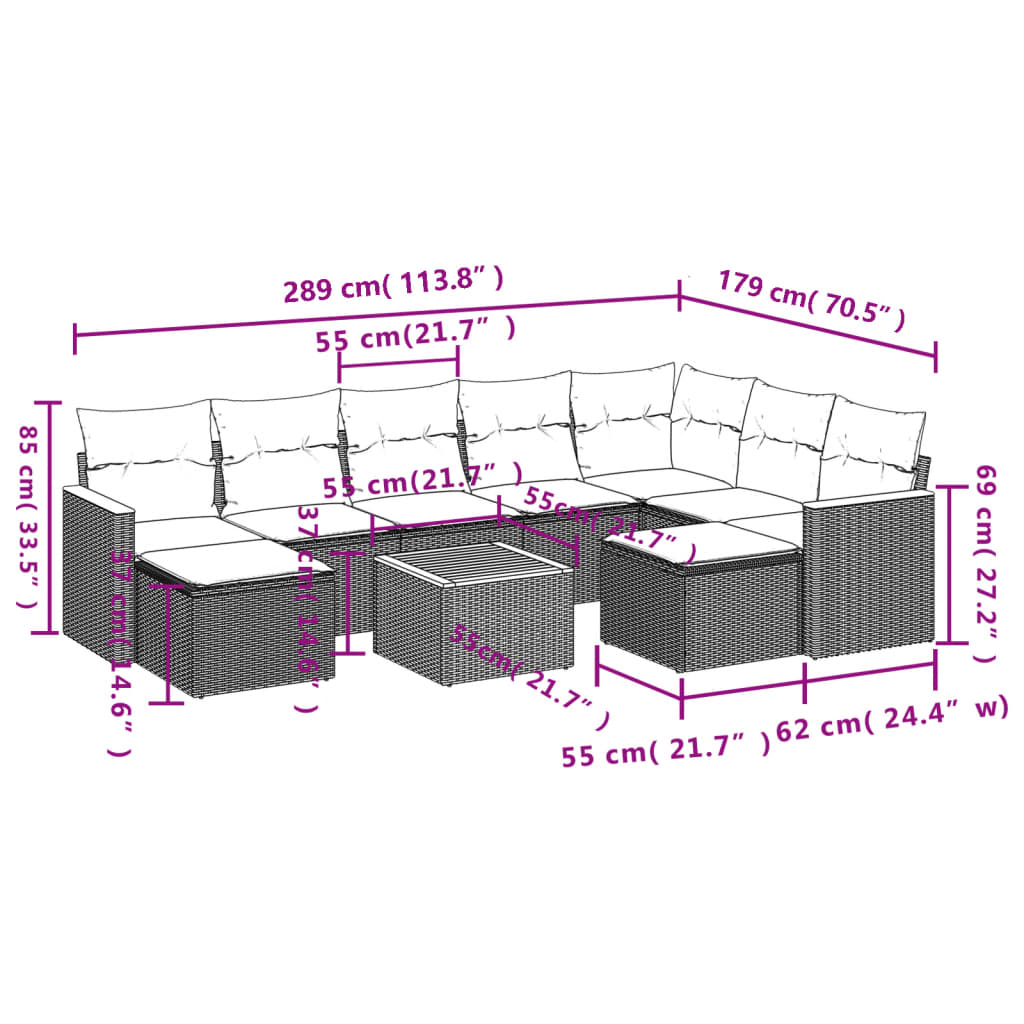 10-teiliges Gartensofa-Set mit Kissen, schwarzes Polyrattan