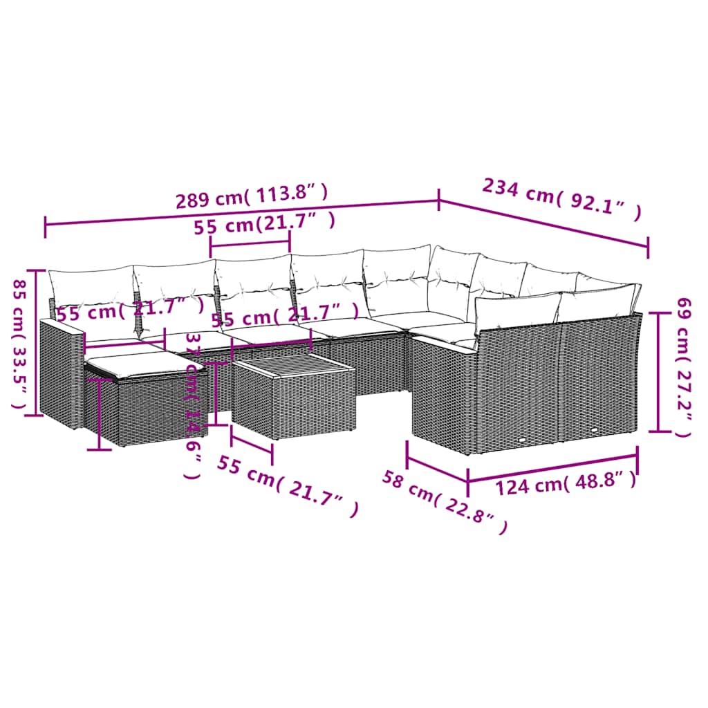11-tlg. Garten-Sofagarnitur mit Kissen Schwarz Poly Rattan