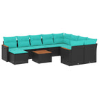 11-teiliges Gartensofa-Set mit Kissen, schwarzes Polyrattan
