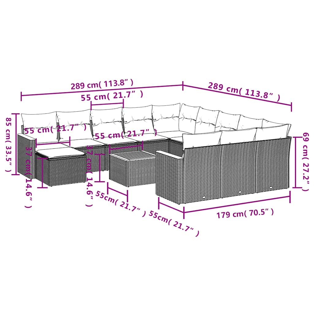 13-tlg. Garten-Sofagarnitur mit Kissen Schwarz Poly Rattan
