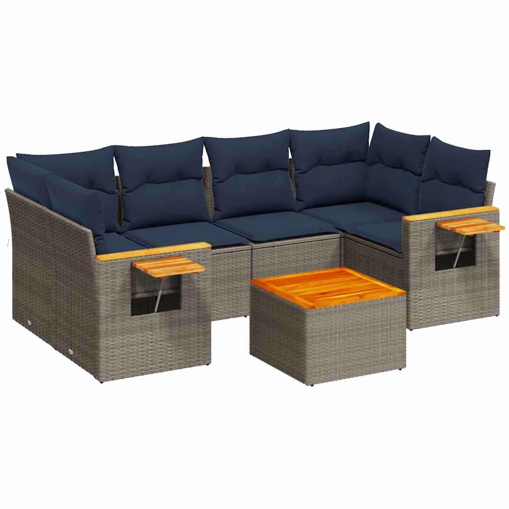 7-tlg. Garten-Sofagarnitur mit Kissen Grau Poly Rattan