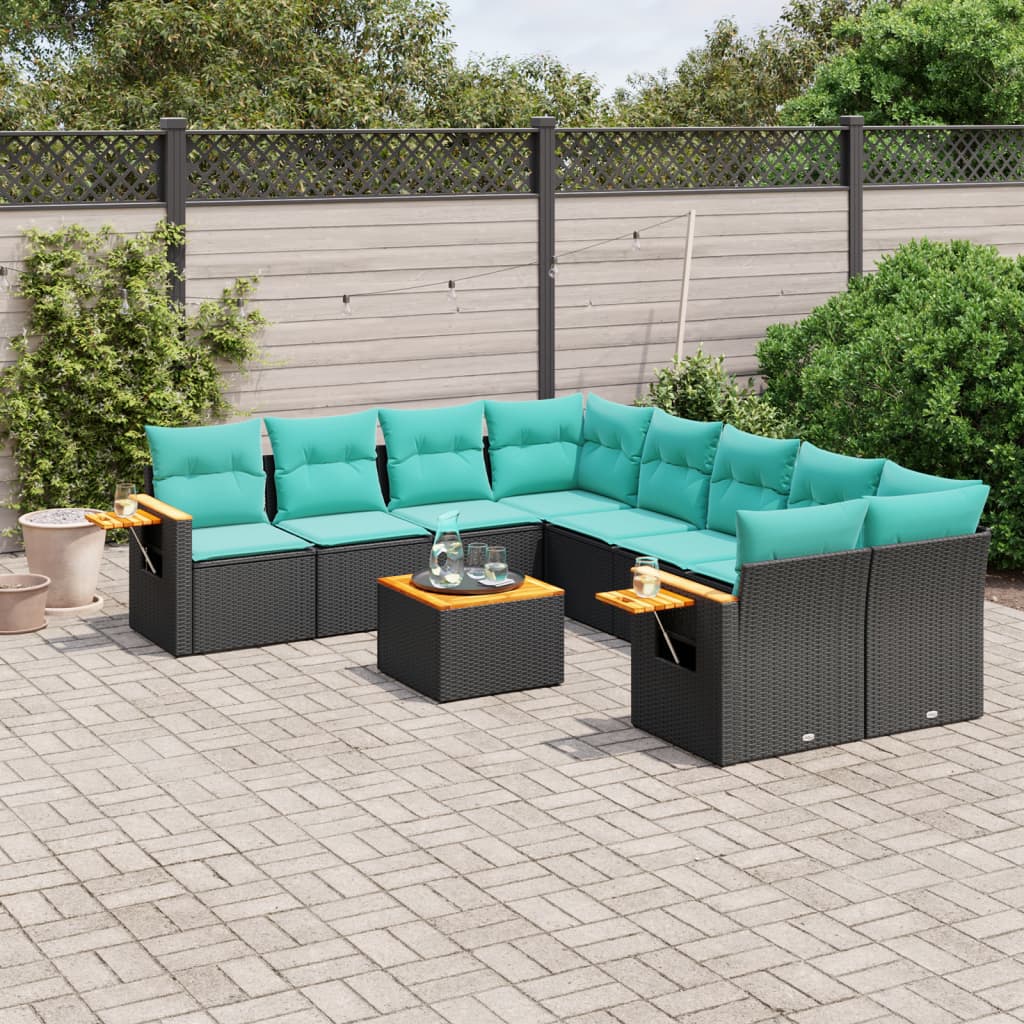 9-tlg. Garten-Sofagarnitur mit Kissen Schwarz Poly Rattan