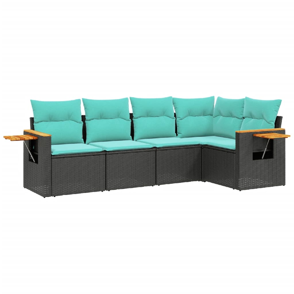 5-tlg. Garten-Sofagarnitur mit Kissen Schwarz Poly Rattan