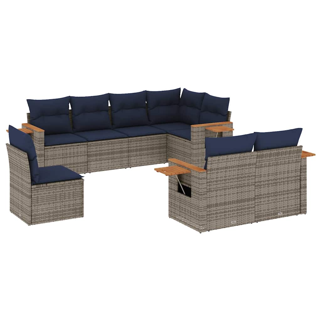 8-tlg. Garten-Sofagarnitur mit Kissen Grau Poly Rattan